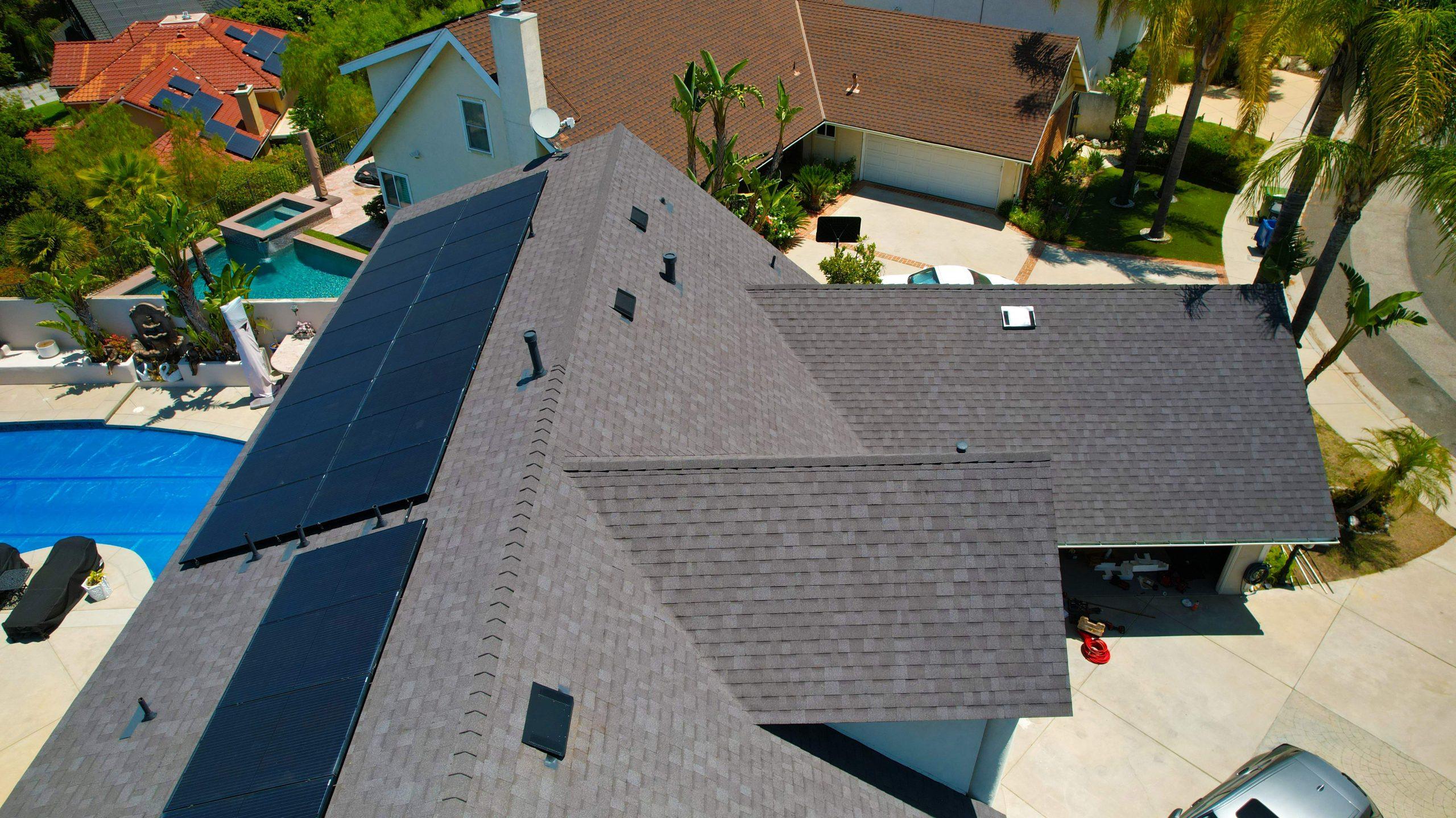 Drone footage of new asphalt shingle roof installation in Los Angeles, CA by EBA Roofing